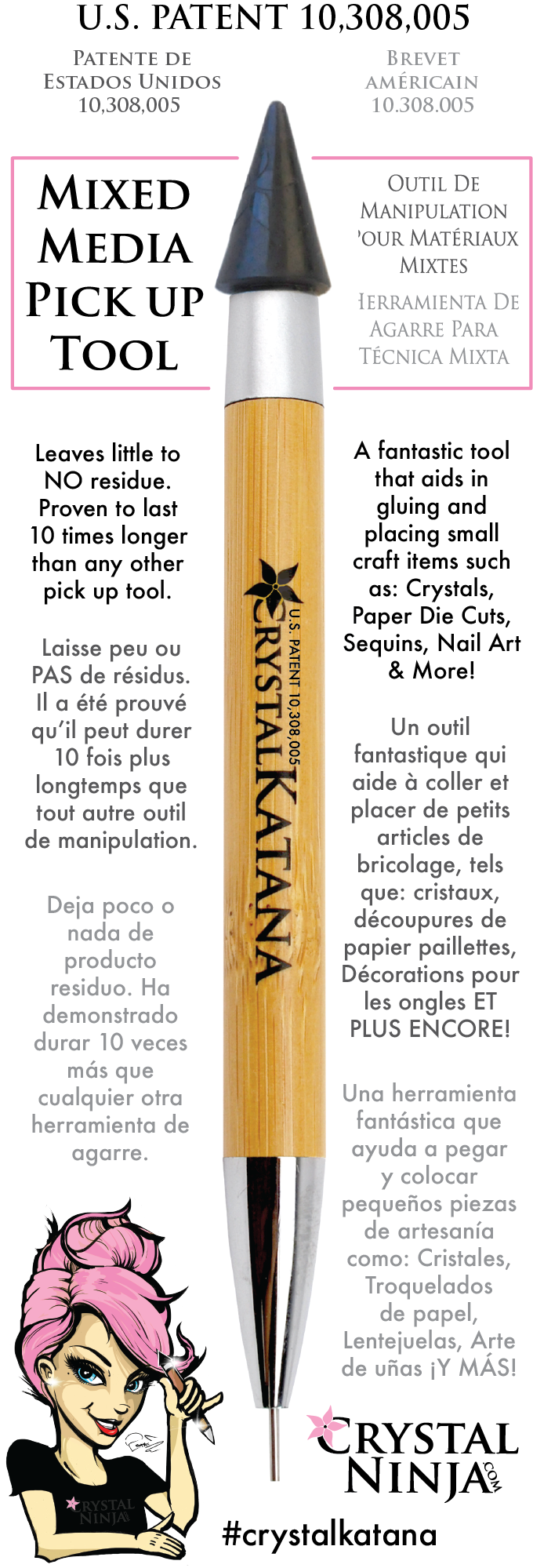 Crystal Katana Bamboo product flyer showing tool description, sizes supported (SS3 to SS40), and patent details.