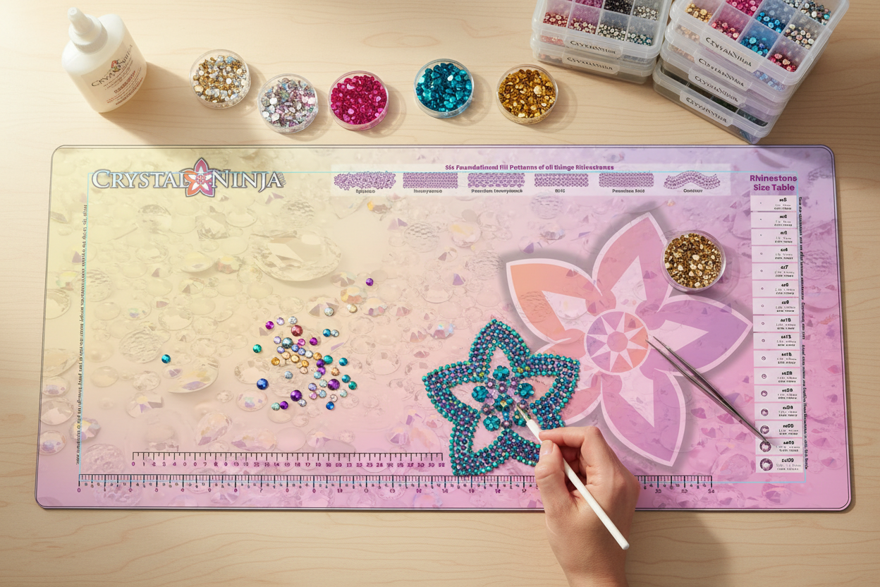 Decorative work mat with a pink flower design and ruler at the bottom, featuring the brand 'Crystal Ninja'.