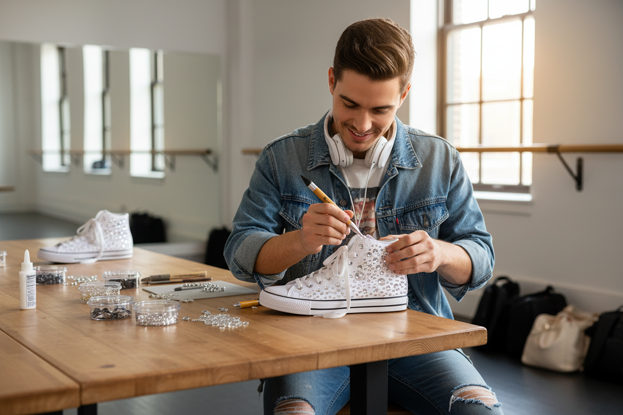Choreographer decorating dance sneakers with Crystal Katana Bamboo