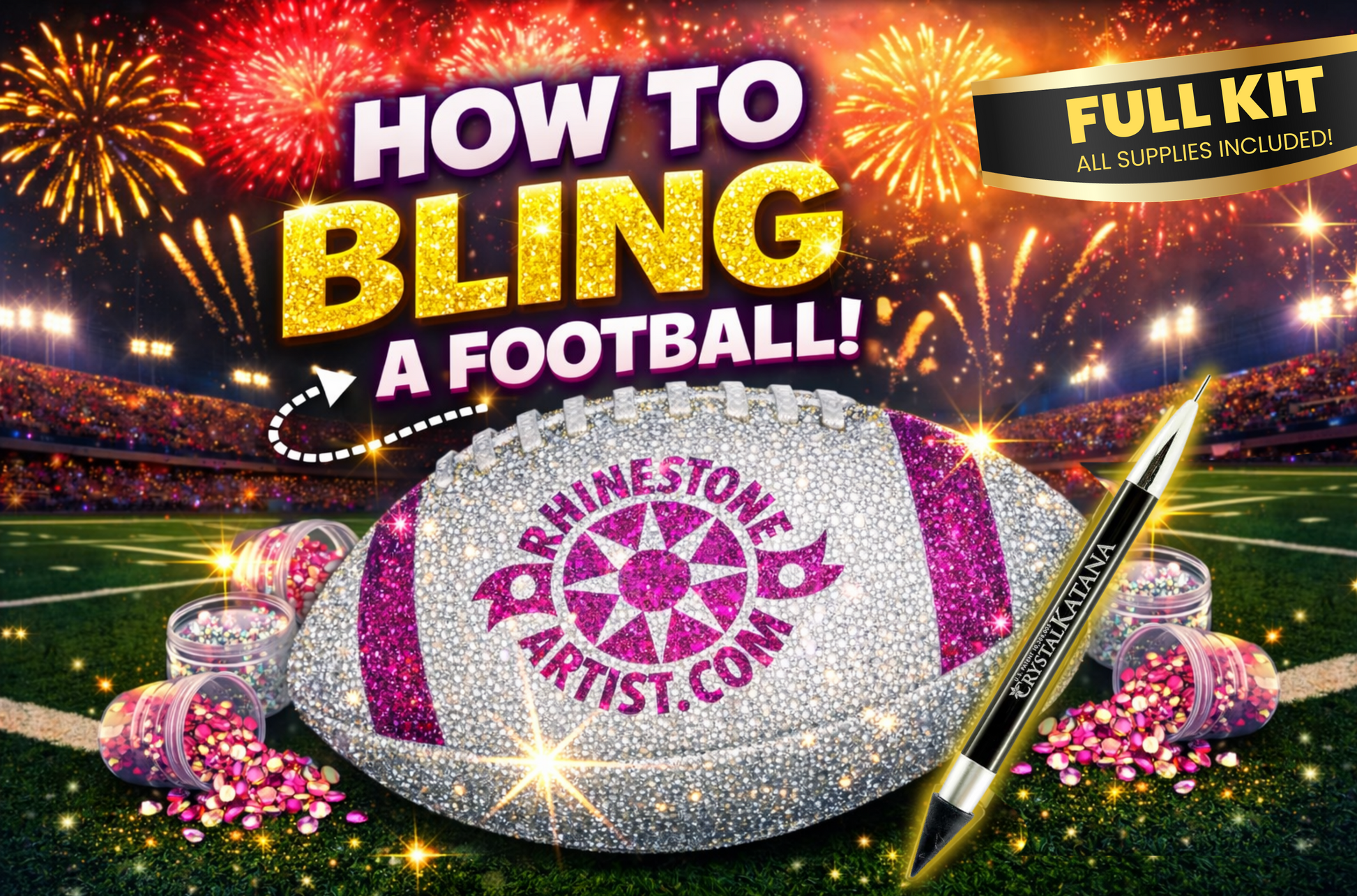 Promotional image of a blinged-out football with rhinestones and a pen, set against a sports arena background.