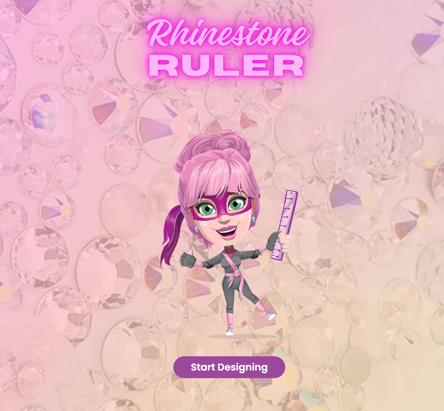 Cartoon character with pink hair and rhinestone-themed design on a pink background