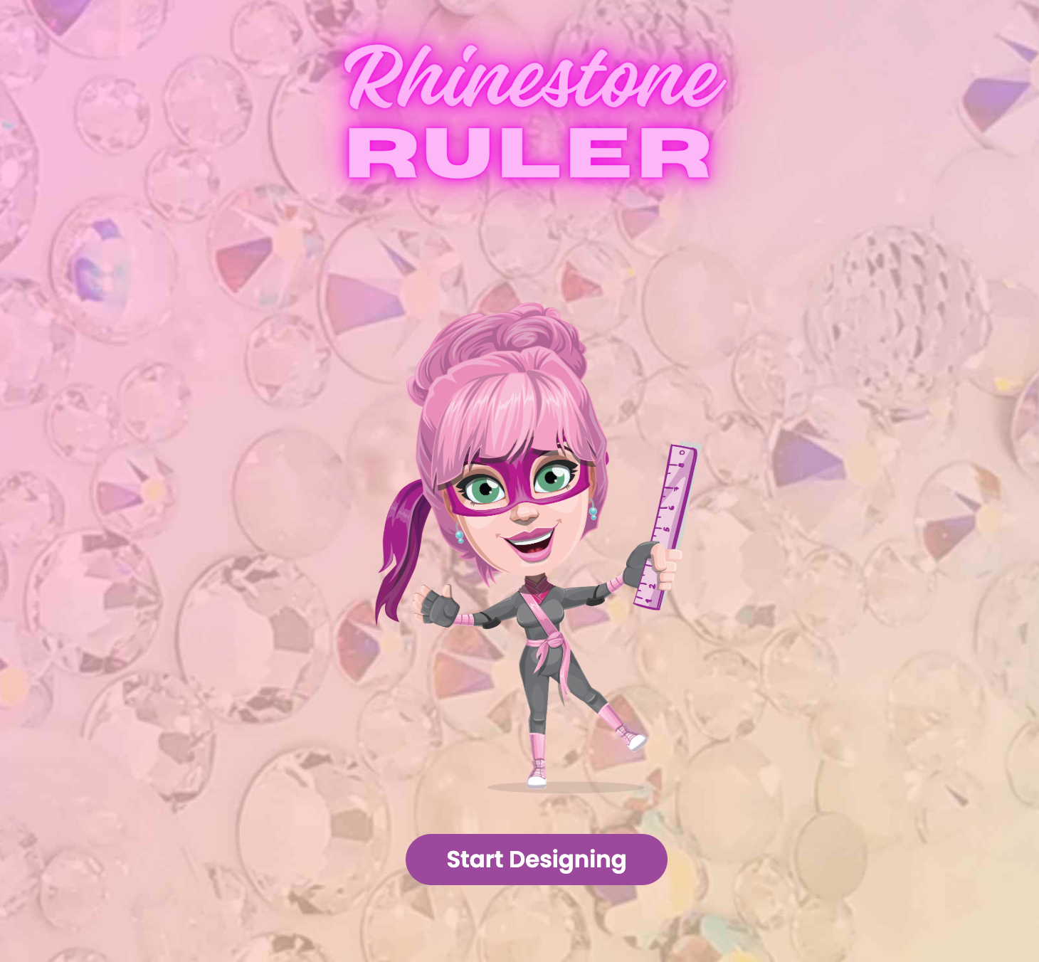 Cartoon character with pink hair and rhinestone-themed design on a pink background