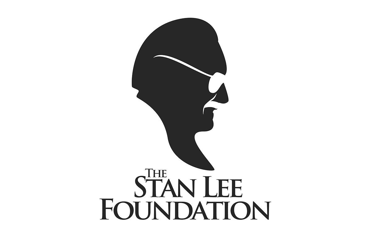 Logo of The Stan Lee Foundation with a silhouette of a person wearing sunglasses on a white background.