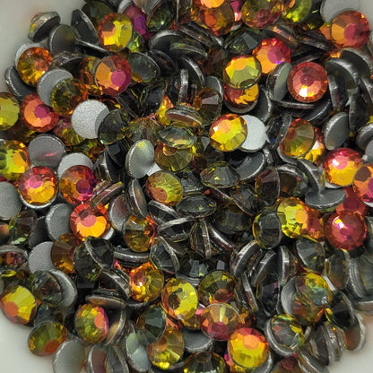 rhinestones in red, gold, orange with silver foil backs