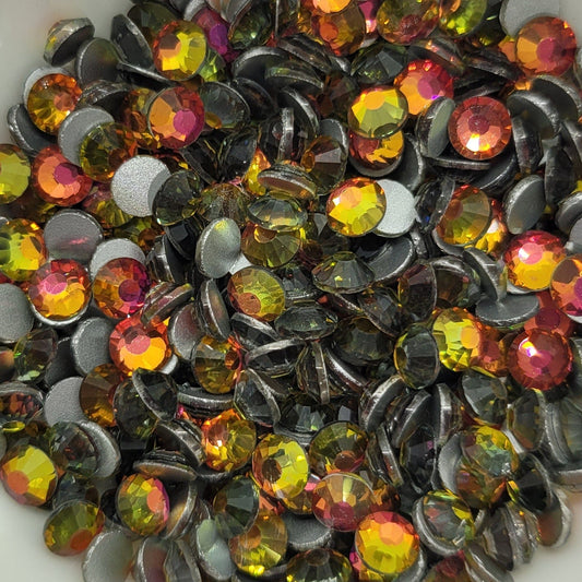 rhinestones in red, gold, orange with silver foil backs